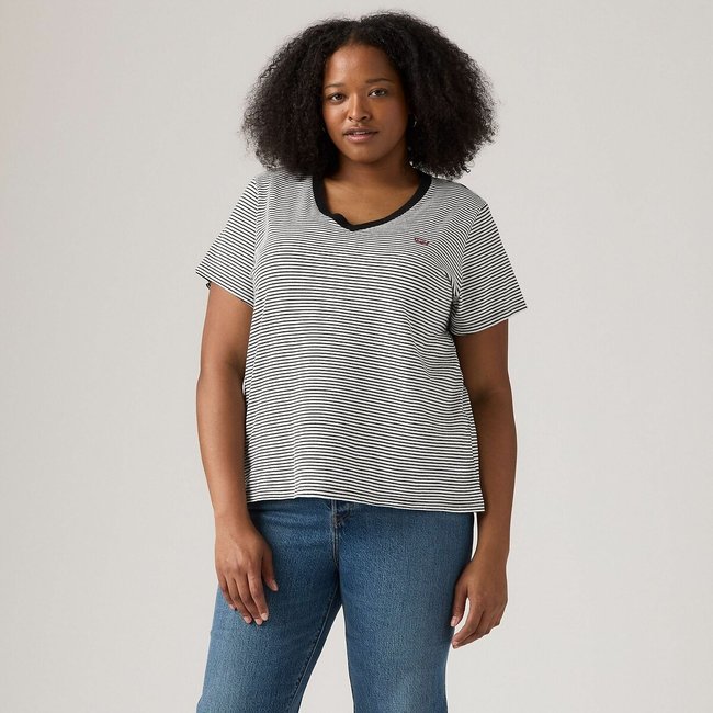 Camiseta de rayas de manga corta y cuello en pico rayas negro/blanco <span itemprop=