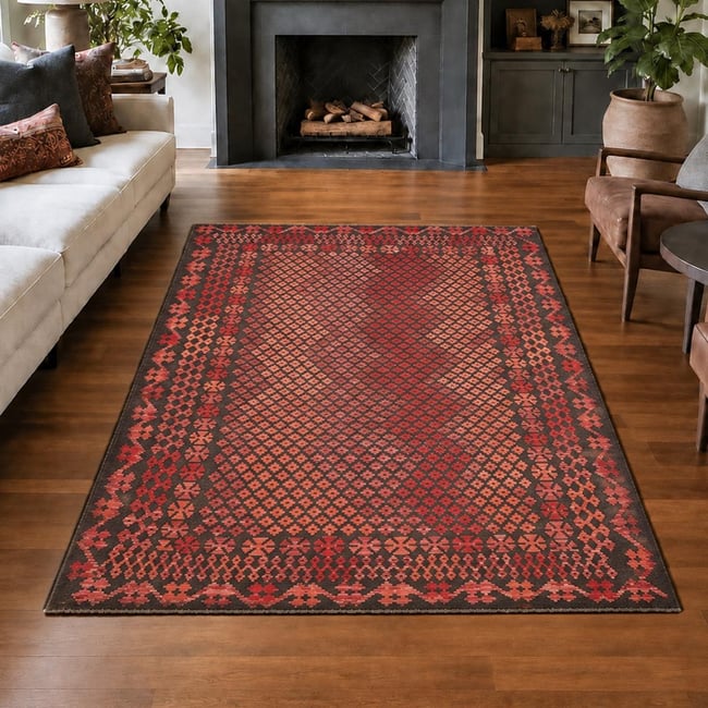 Tapis d'orient, motif géométrique authentique, laine naturelle, KILIM 11 Couleur rouge, marron, rose <span itemprop=