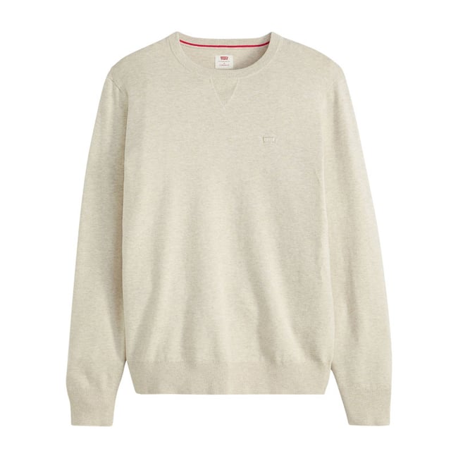Pull en coton beige uni avec un col rond et des manches longues beige <span itemprop=