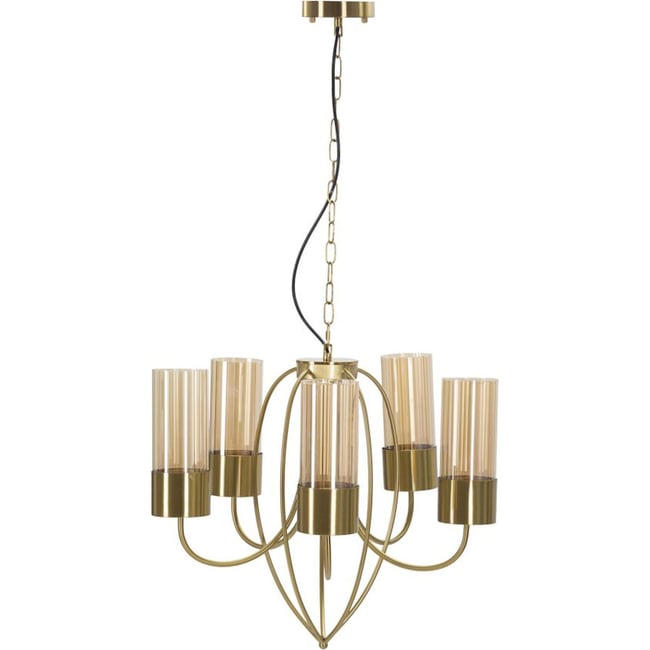 Suspension 5 lumières en verre et fer GLAM Couleur doré et verre ambré <span itemprop=