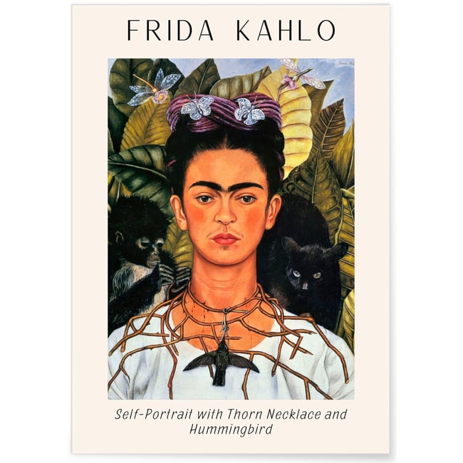 Affiche Frida Kahlo « Self-Portrait with Thorn Necklace and Hummingbird » Couleur blanc <span itemprop=