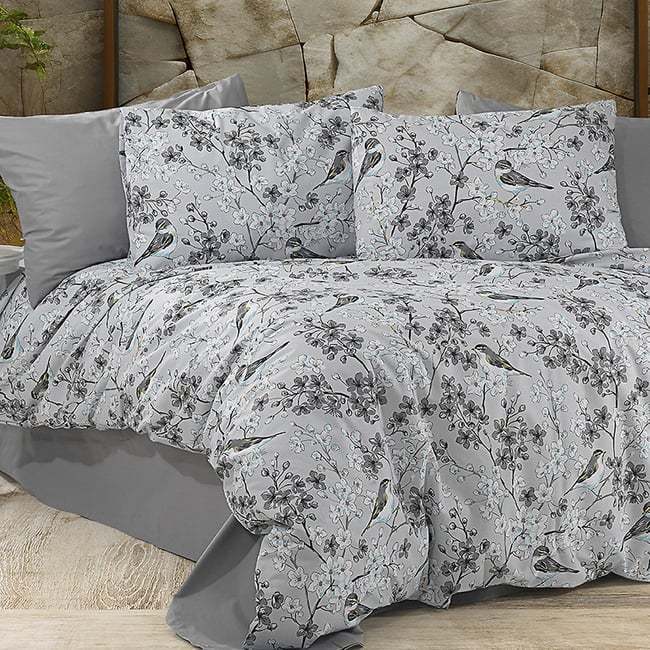 Paure de couette et tai(e) coton imprimé, petalia gris gris <span itemprop=