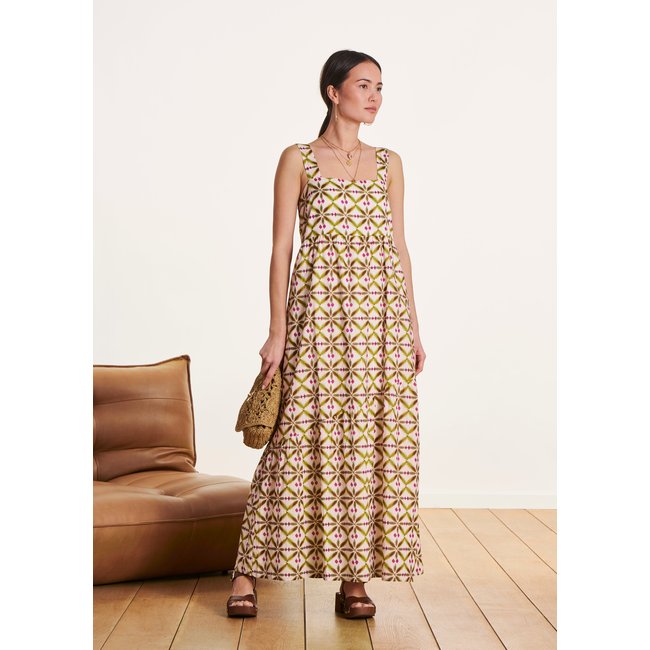 Robe longue à bretelles en voile de coton imprimé kaki <span itemprop=