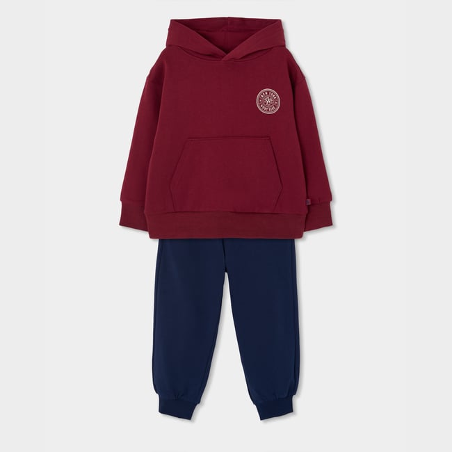 Ensemble maille garçon à capuche New York violet <span itemprop=