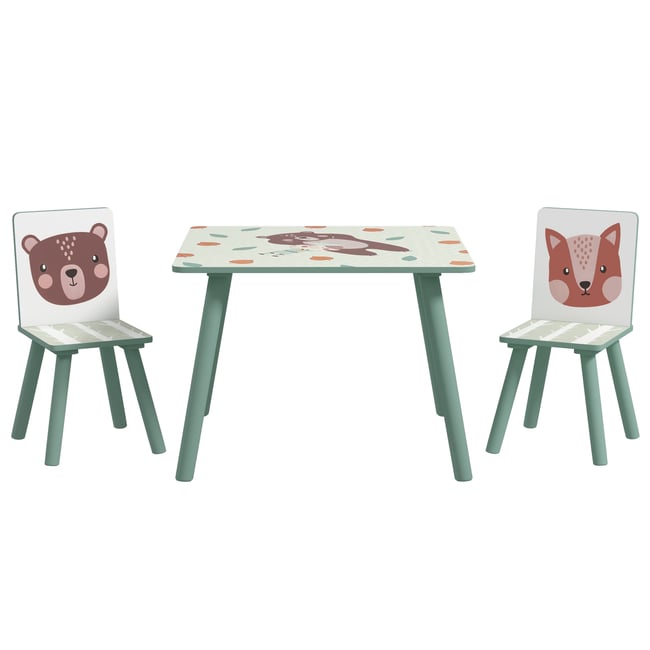 Ensemble table et chaises pour enfants Bois vert avec motifs animaux <span itemprop=