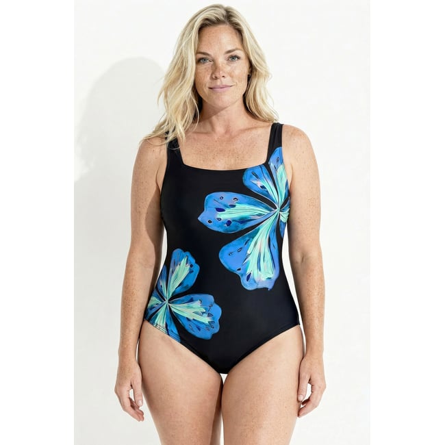 Maillot de bain, motif fleurs classique noir <span itemprop=