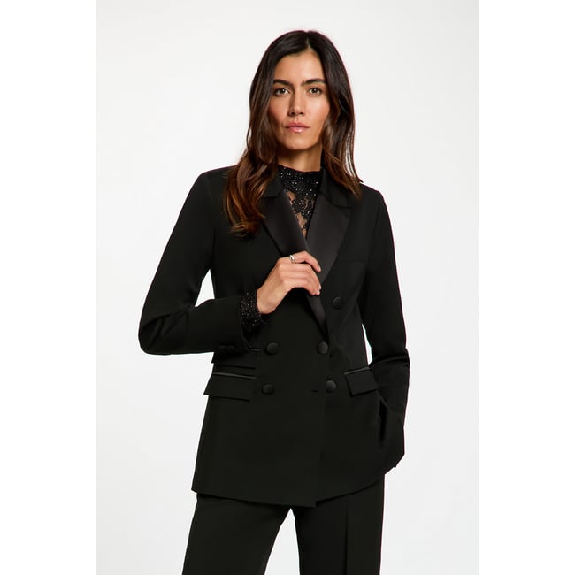 Veste satin col tailleur noir <span itemprop=
