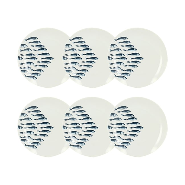 Lot de 6 assiettes à dessert en porcelaine 20cm, PESCARE Couleur blanc-bleu <span itemprop=
