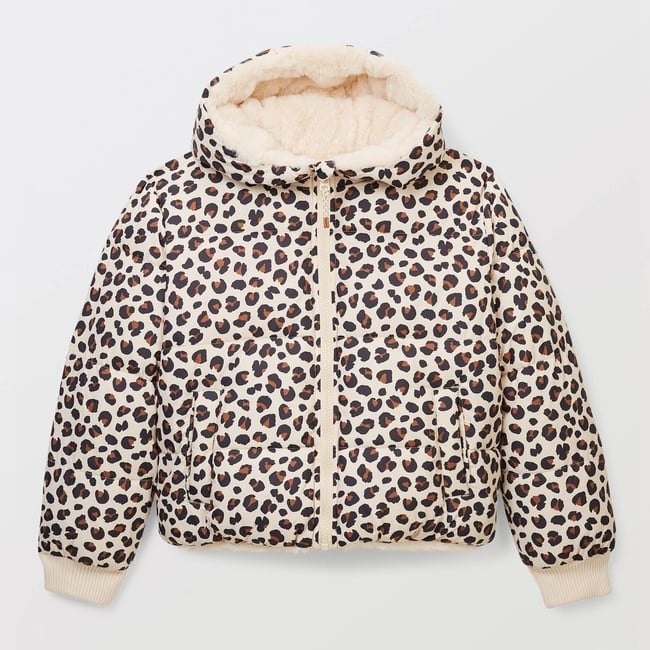 Doudoune à capuche réversible imprimé leopard amaretti <span itemprop=