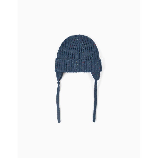 Bonnet en maille avec fils colorés et liens à nouer bleu foncé <span itemprop=
