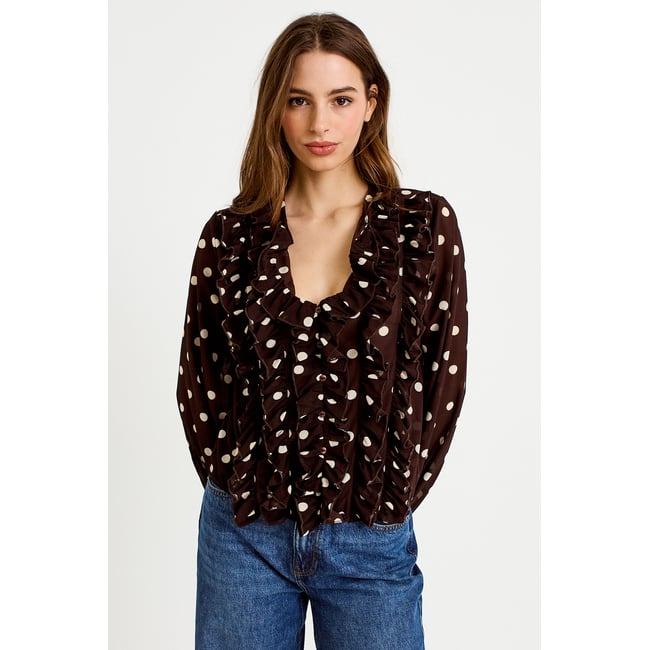 Blouse droite col v manches longues marron <span itemprop=
