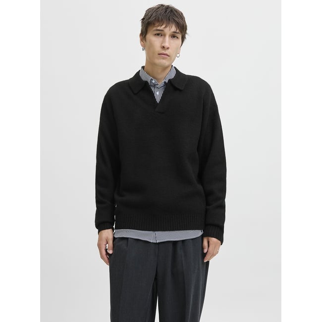 Open Jumper with Polo Collar, black, JACK & JONES