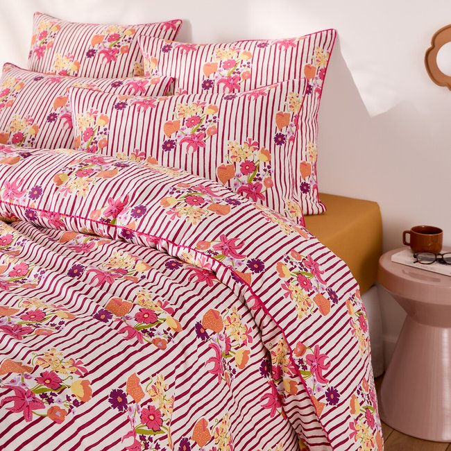 Housse de couette en coton lavé, imprimé rayures et fleurs, BELARDI imprimé floral rose <span itemprop=