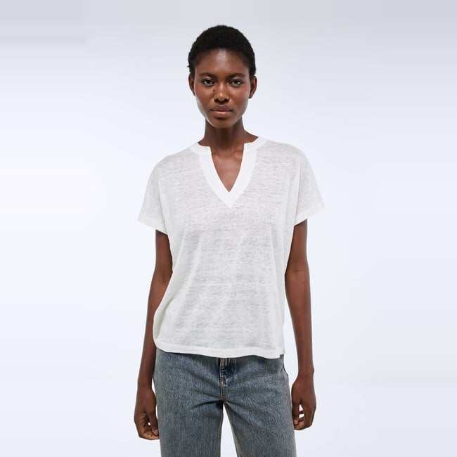 T-shirt manches courtes métallisé en lin ecru <span itemprop=