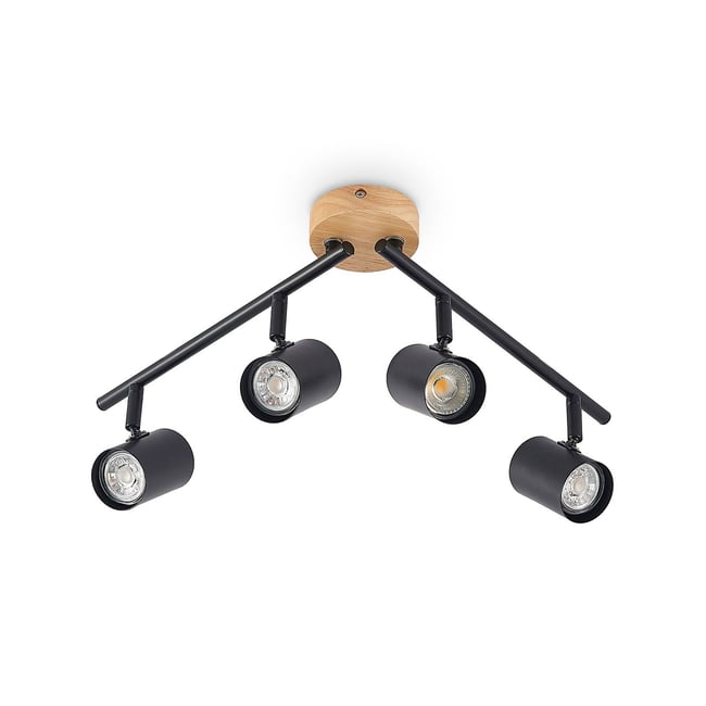 Plafonnier en métal moderne, Xiomara Couleur noir, bois clair <span itemprop=