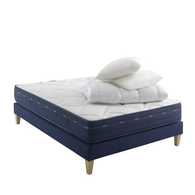 Ensemble matelas ressorts et mémoire de forme, sommier, pieds, couette et oreiller Rêve 500 Couleur blanc <span itemprop=