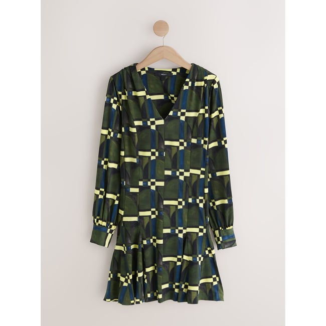 Mini robe trapèze à manches longues vert imprimé géométrique <span itemprop=