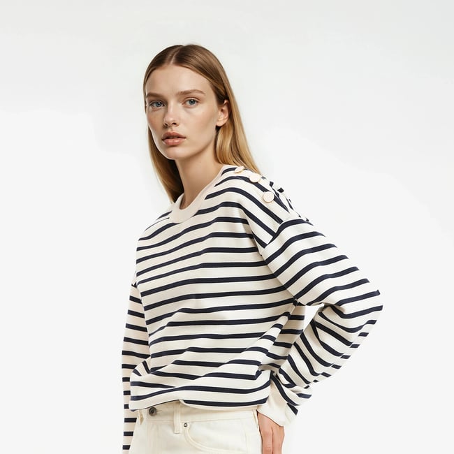 Gestreiftes Sweatshirt mit Rundhalsausschnitt und geknöpfter Schulterpasse marine/elfenbein gestreift LA REDOUTE COLLECTIONS
