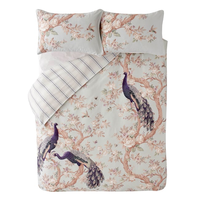 Parure de lit fleurie Paons majestueux, housse de couette + 2 taies pour lit en 140 bleu-vert pastel <span itemprop=