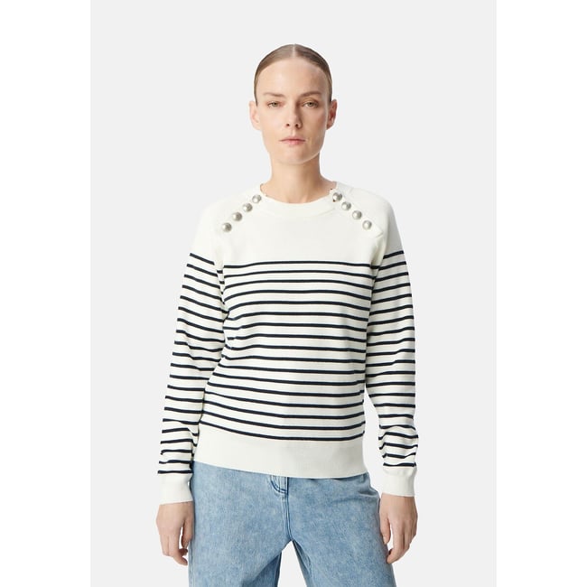Pull marinière tricot rayé boutons gravés  bleu marine <span itemprop=