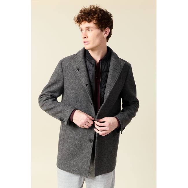 Manteau droit mi-long col montant gris foncé <span itemprop=