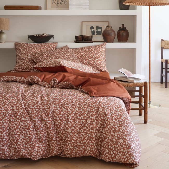 Parure de lit Housse de couette + taie carrée en satin de coton, ÉTÉ INDIEN marron speculoos <span itemprop=