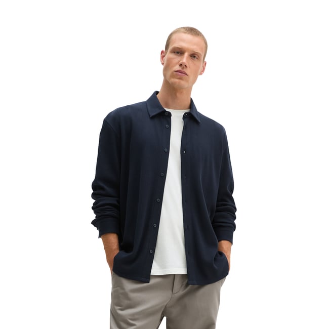 Chemise en jersey coupe classique avec une structure finement côtelée bleu <span itemprop=