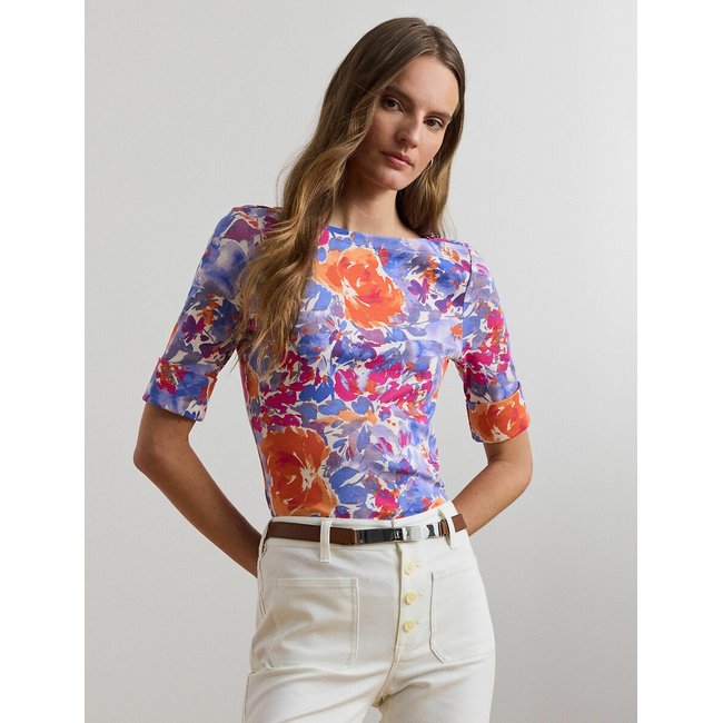 Tee shirt imprimé fleuri col bateau manches courte imprimé multicolore <span itemprop=