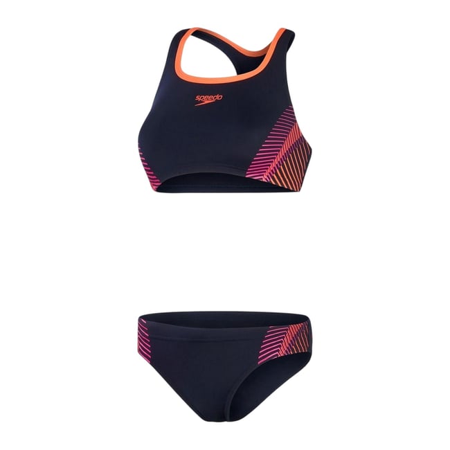 Maillot de bain 2 pièces motif/style à rayures bleu marine / rose <span itemprop=