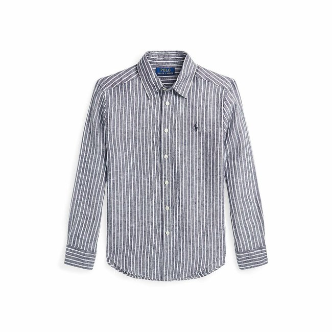 Camisa de lino a rayas de manga larga azul marino rayas blanco <span itemprop=