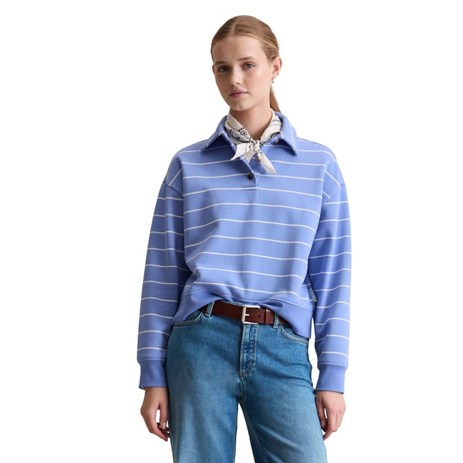 Sweat-shirt polo rayé relaxed en pur coton bio bleu moyen <span itemprop=