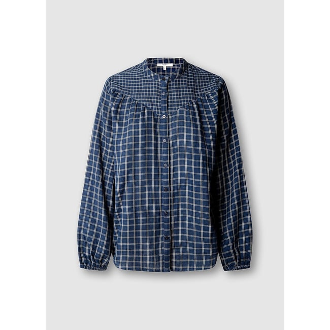 Blouse à carreaux, col Mao imprimé bleu <span itemprop=