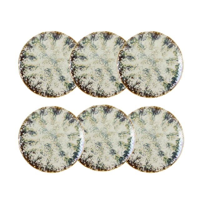 Lot de 6 assiettes plates en porcelaine 27cm, MAKA Couleur blanc-bleu-vert <span itemprop=