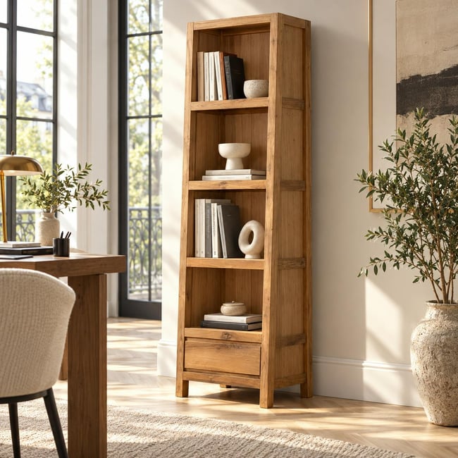 Bibliothèque étagère style campagne chêne massif FJORD Couleur bois naturel <span itemprop=