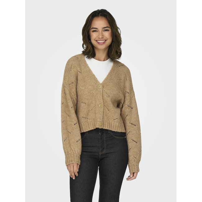 Strickjacke, V-Ausschnitt, Ajourmuster hellbraun <span itemprop=