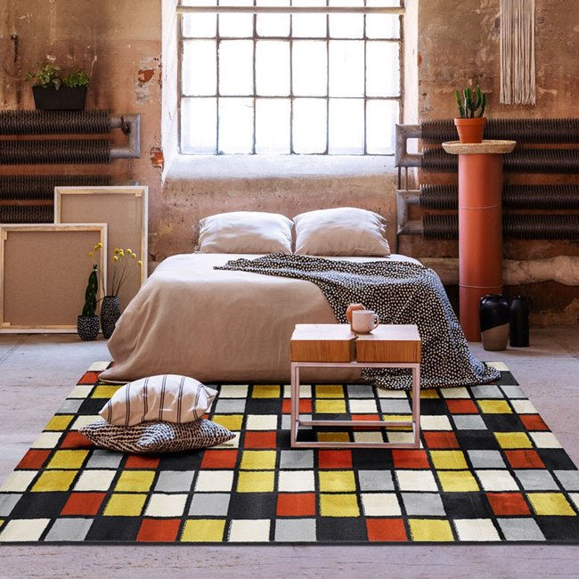 Tapis lumineux effet laineux petits carreaux multi Couleur multicolore <span itemprop=