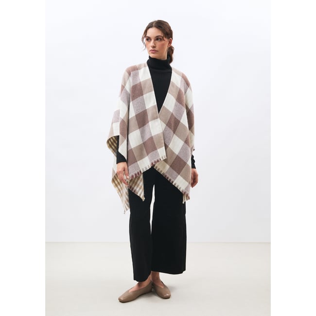 Poncho double face à carreaux off white/beige <span itemprop=