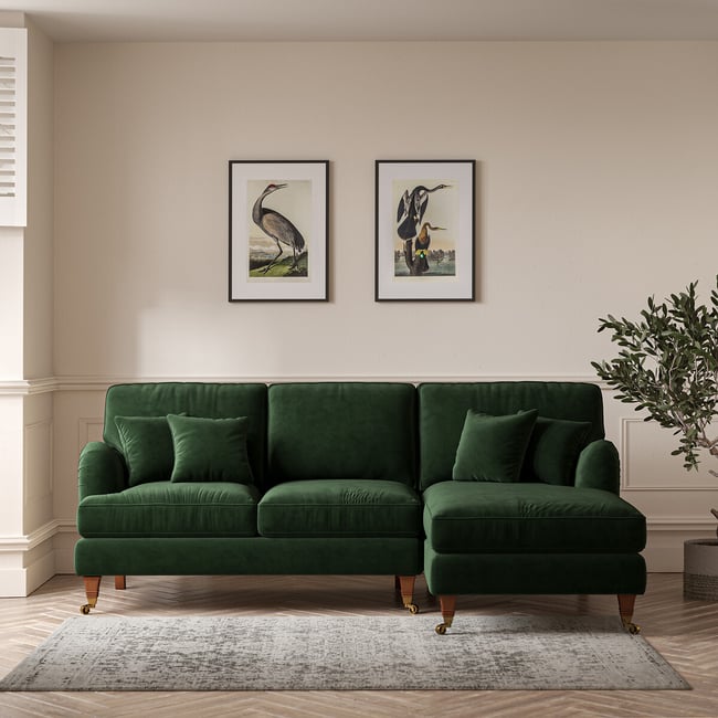 Emeline Velvet Corner Chaise Sofa with Castor Legs (Right Facing) - ÉDITÉ