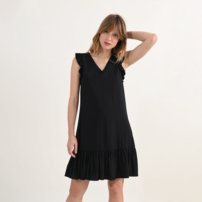 Vestido revestido de volantes negro <span itemprop=