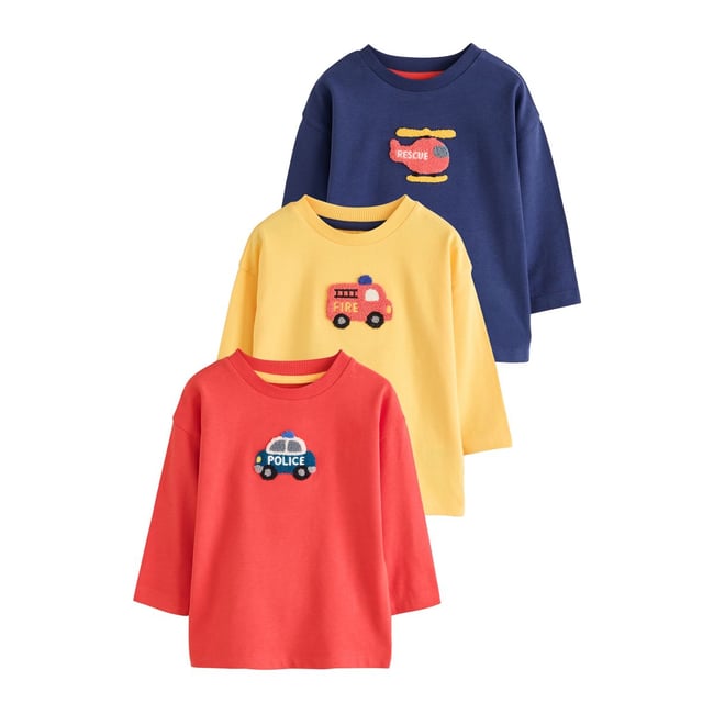 T-shirt à manches longues/appliqué, lot de 3 multi bright transport <span itemprop=