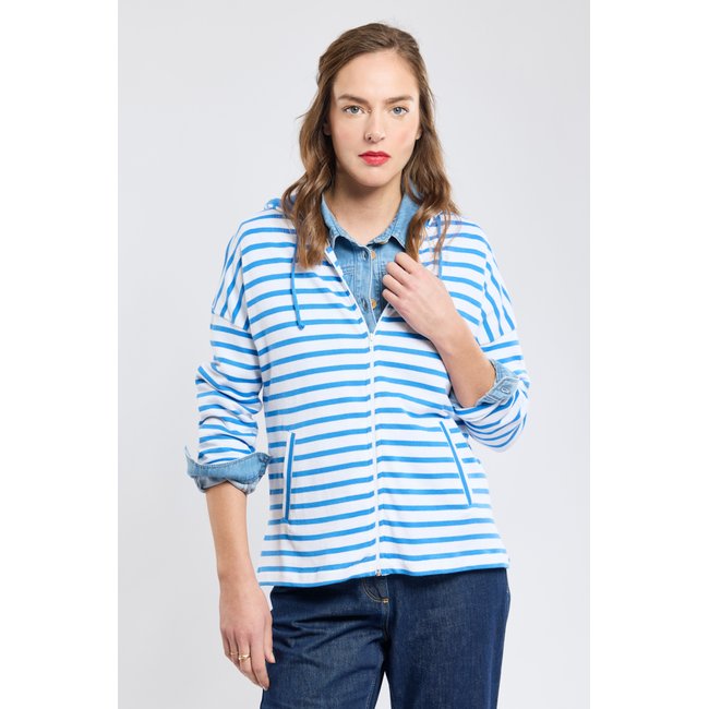 Sweat rayé à capuche - coton rustique blanc/blue saphir <span itemprop=