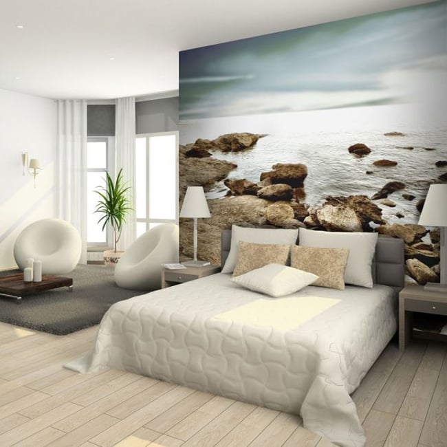 Papier peint intissé panoramique Paysage Plage rocheuse Couleur bleu <span itemprop=