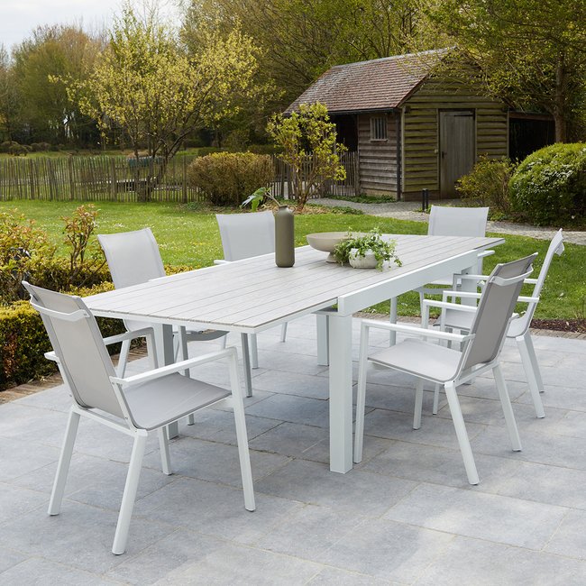 Salon de jardin aluminium blanc et textilène gris 6/10 places  TULUM gris <span itemprop=
