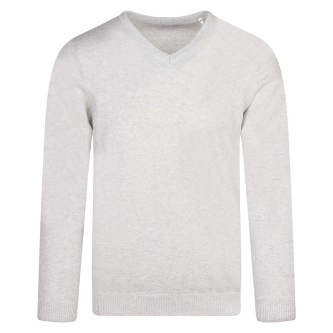 Pull en coton écru chiné uni avec un col v et une coupe droite écru <span itemprop=