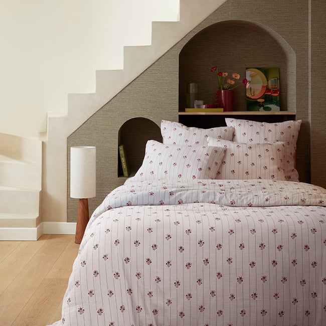 Parure de lit imprimée en gaze de coton, taies rectangles, ŒILLETS D'ORIENT rose clair <span itemprop=