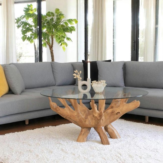 Table basse ronde en racine de teck  Ø110 cm - plateau verre ARIZONA Couleur bois naturel <span itemprop=