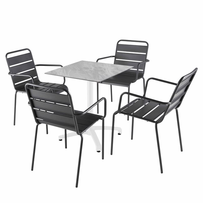 Table en HPL inclinable pied blanc et 2 chaises en métal, OPERA marbre <span itemprop=