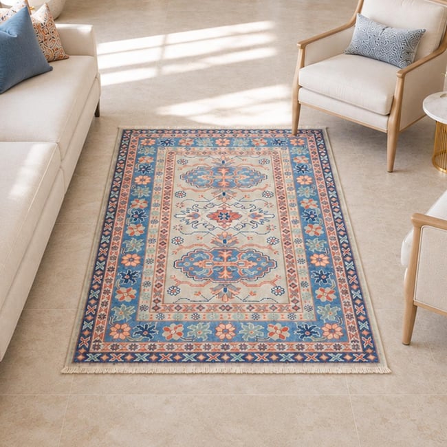 Tapis d'orient, motif oriental, noué main en laine, KAZAK CO 67 Couleur bleu, crème, beige <span itemprop=