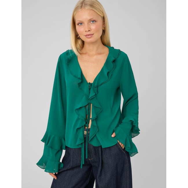 Blouse volantée manches longues vert <span itemprop=