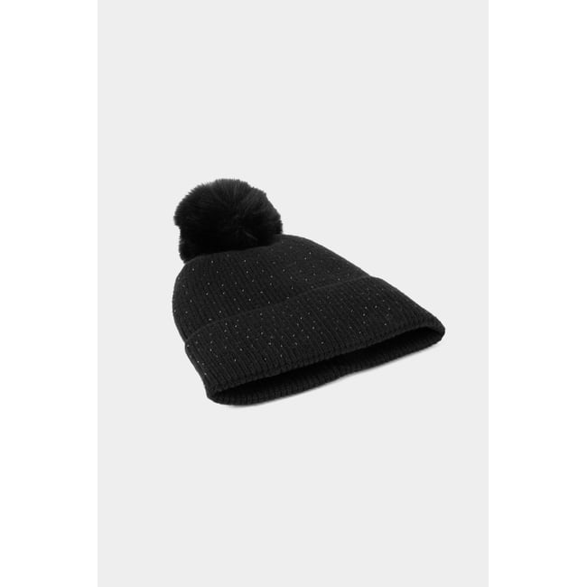 Bonnet avec strass et pompon noir <span itemprop=